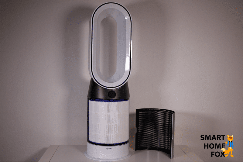 The rounded blue glass HEPA filter is used in the Dyson Pure Hot and Cool HP04 air purifier.